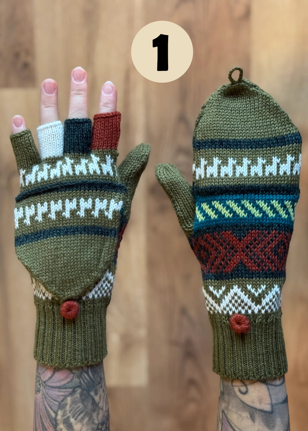 Gloves with flap - shades of green / various patterns