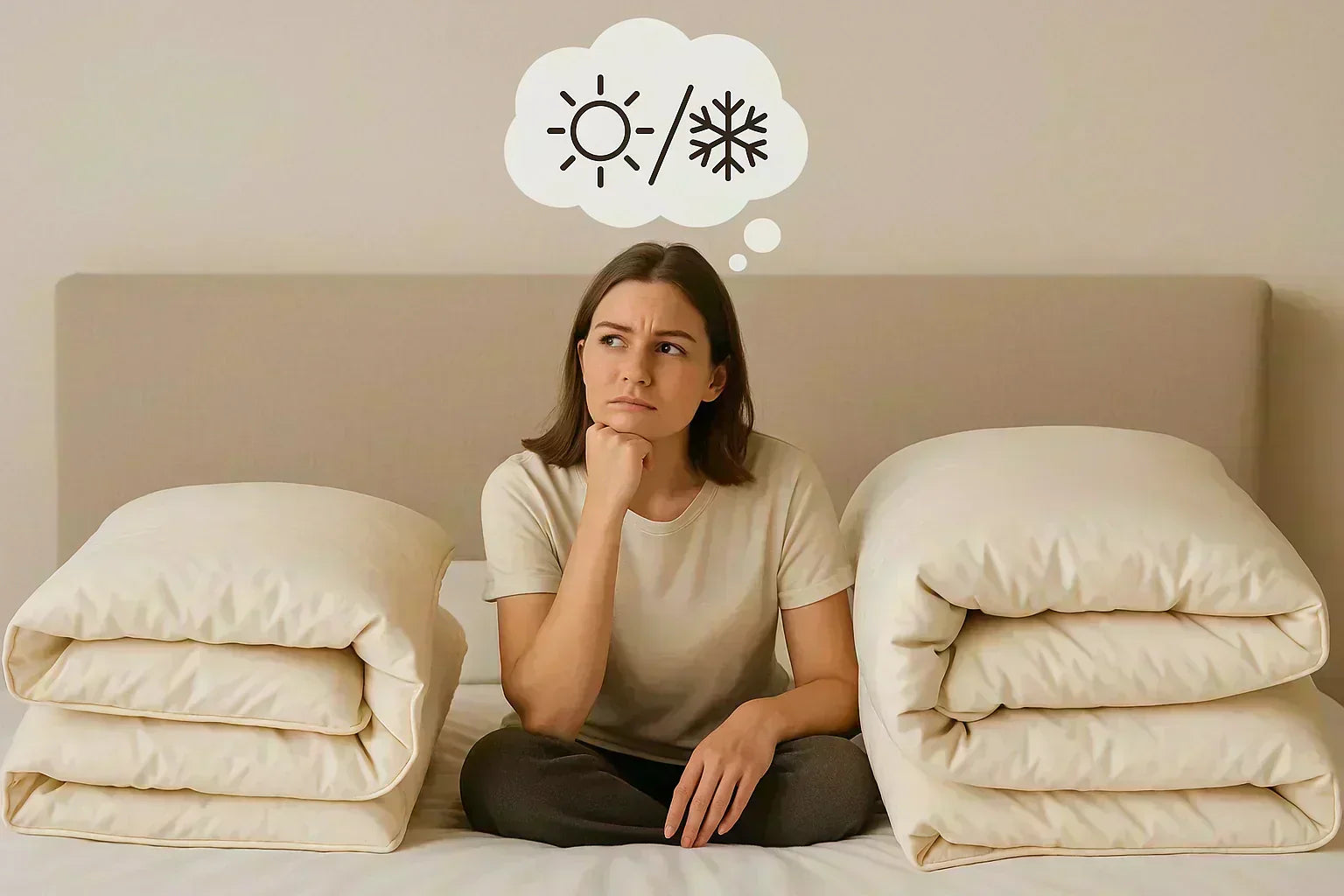 Osoba zastanawiająca się nad wyborem letniej lub zimowej kołdry