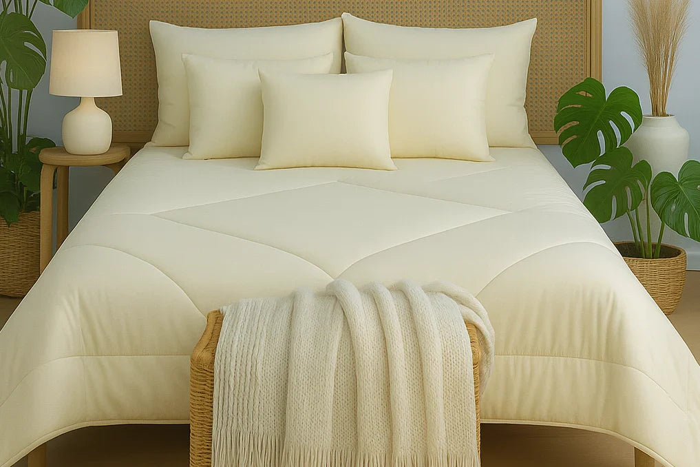 Kołdra z alpaki na łóżku