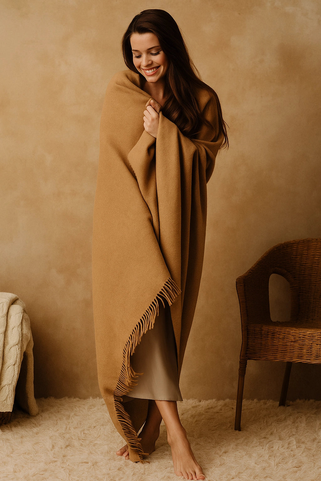 Pled z alpaki UNI camelowy na modelce